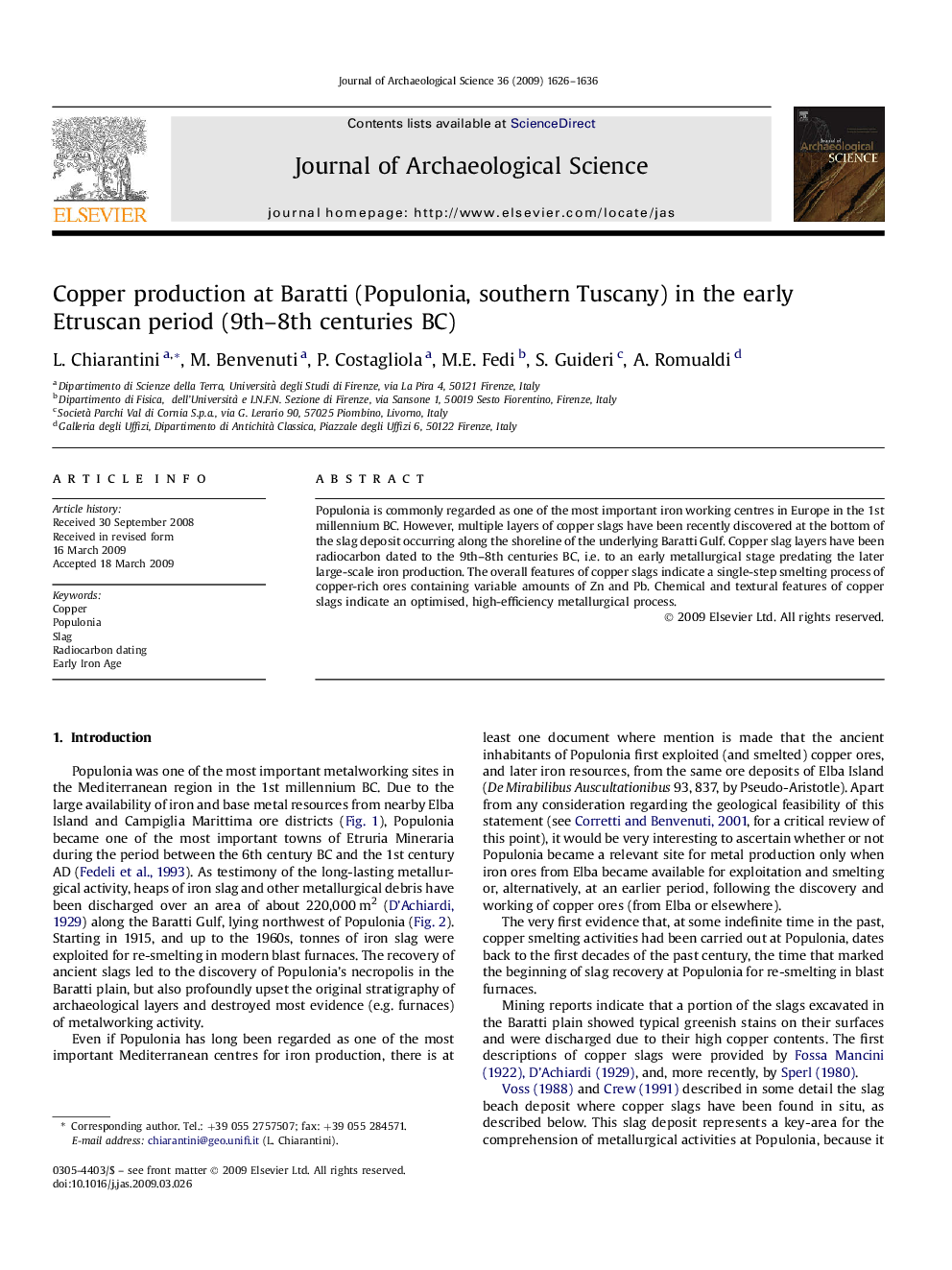 Copper production at Baratti (Populonia, southern Tuscany) in the early Etruscan period (9th–8th centuries BC)