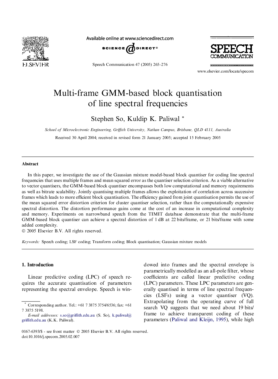 Multi-frame GMM-based block quantisation of line spectral frequencies