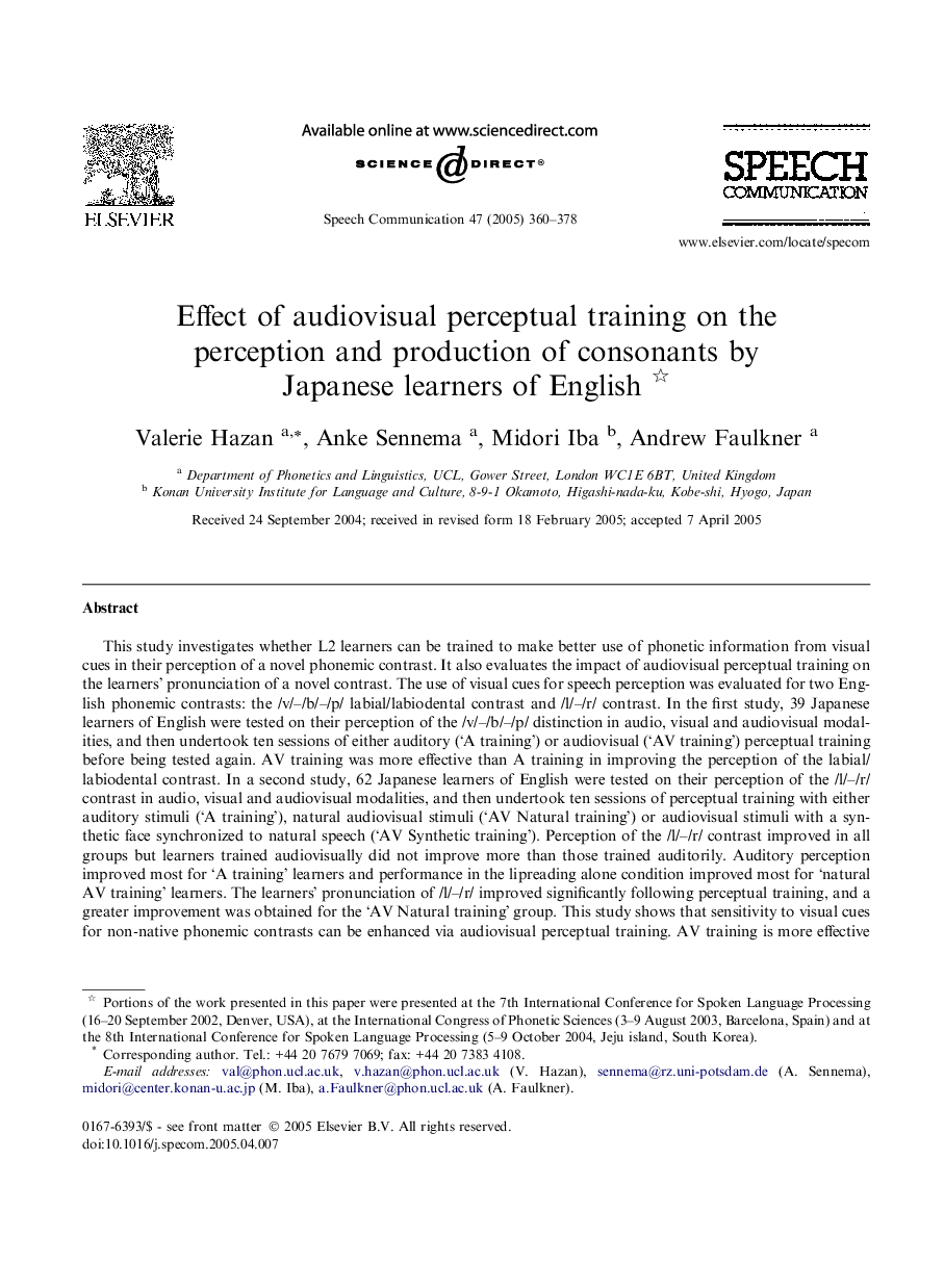 Effect of audiovisual perceptual training on the perception and production of consonants by Japanese learners of English