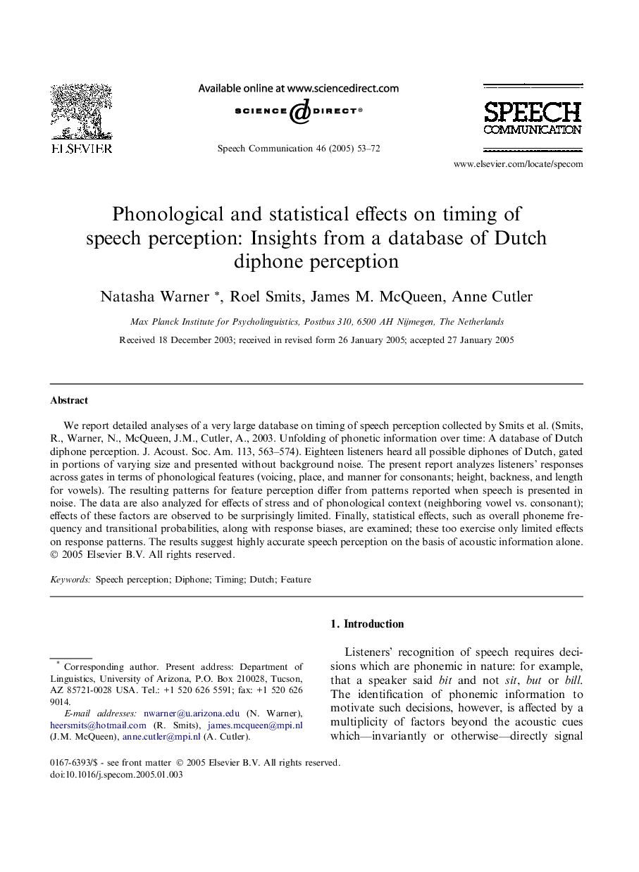 Phonological and statistical effects on timing of speech perception: Insights from a database of Dutch diphone perception