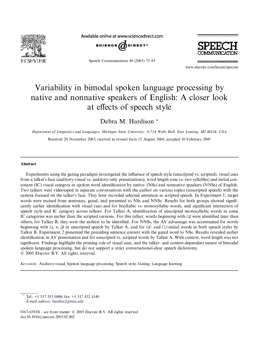 Variability in bimodal spoken language processing by native and nonnative speakers of English: A closer look at effects of speech style