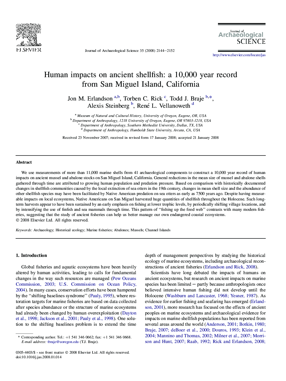 Human impacts on ancient shellfish: a 10,000 year record from San Miguel Island, California