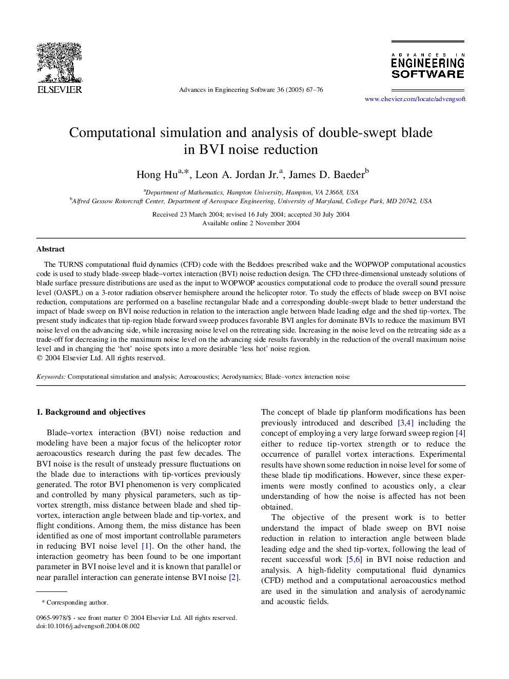 Computational simulation and analysis of double-swept blade in BVI noise reduction