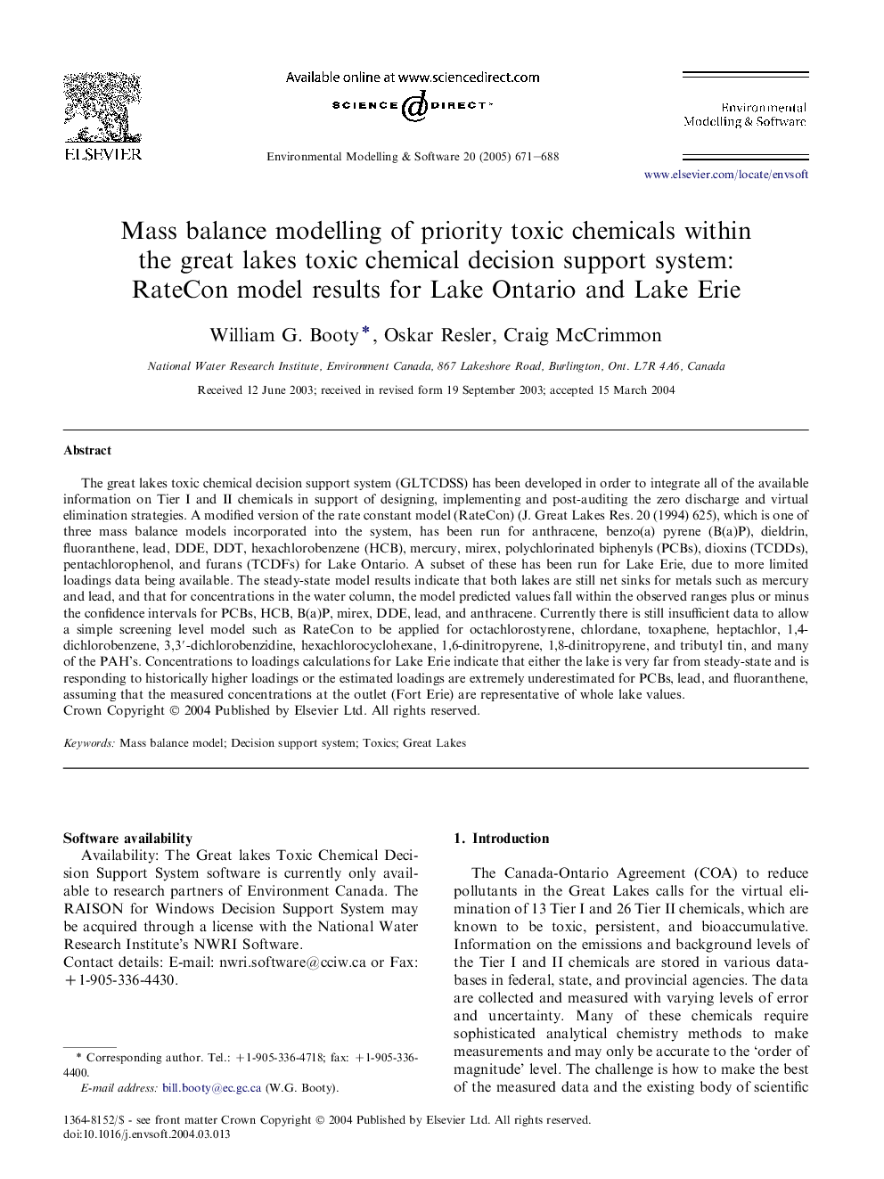 Mass balance modelling of priority toxic chemicals within the great lakes toxic chemical decision support system: RateCon model results for Lake Ontario and Lake Erie