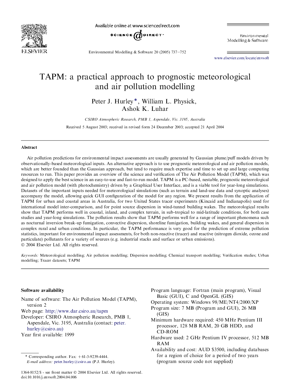 TAPM: a practical approach to prognostic meteorological and air pollution modelling