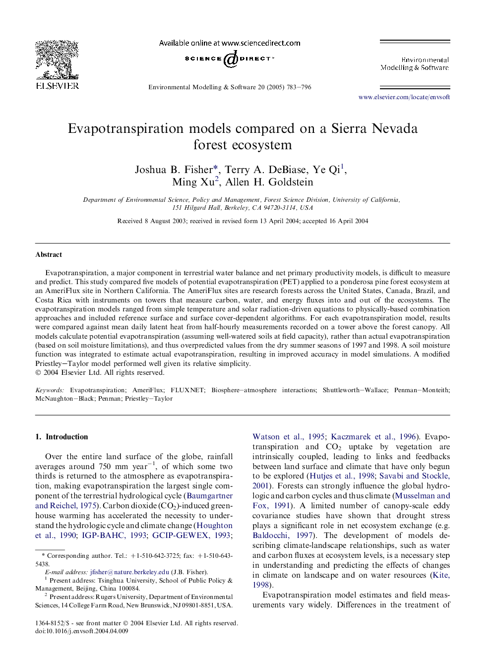 Evapotranspiration models compared on a Sierra Nevada forest ecosystem