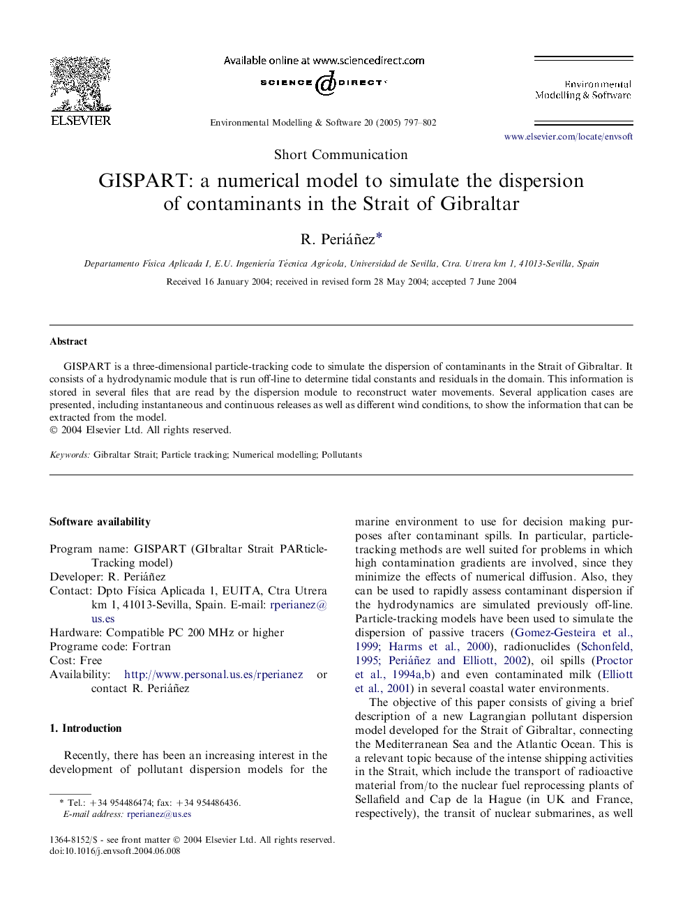 GISPART: a numerical model to simulate the dispersion of contaminants in the Strait of Gibraltar