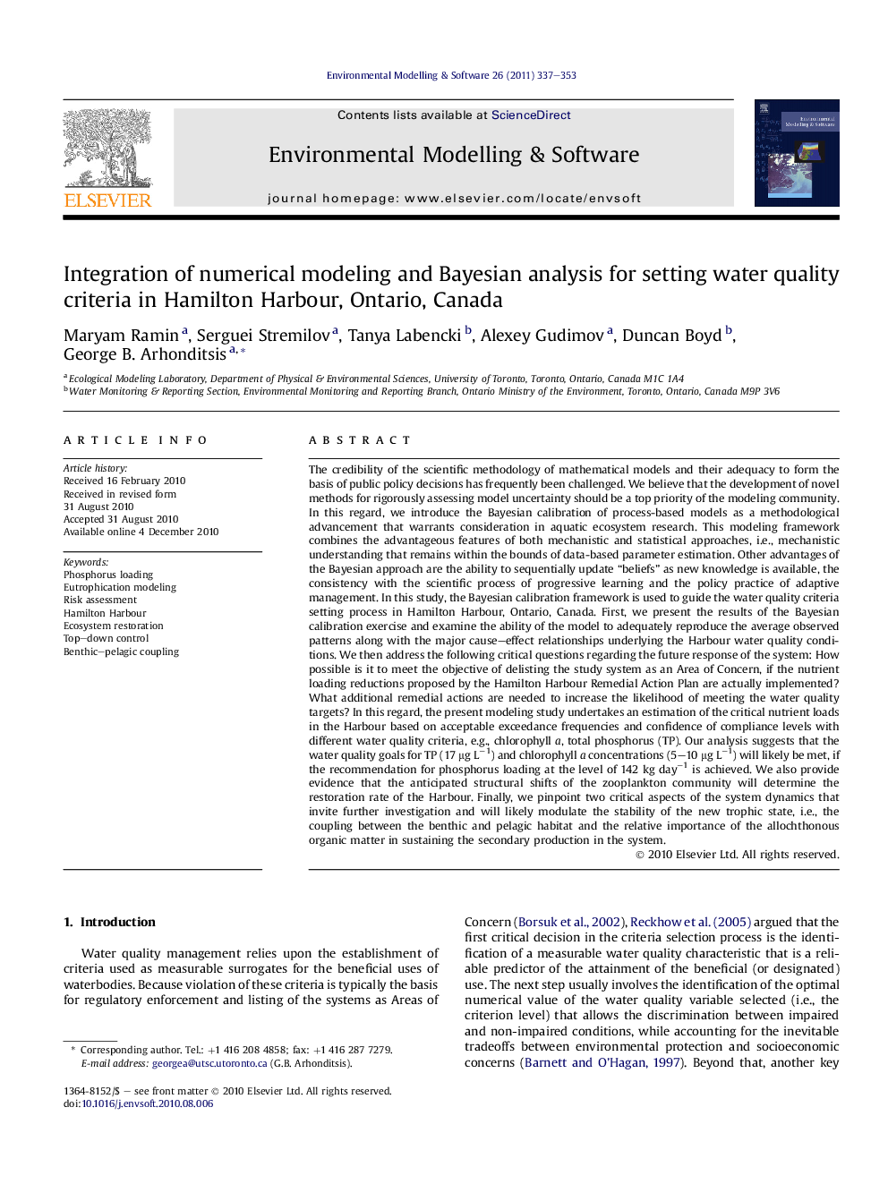 Integration of numerical modeling and Bayesian analysis for setting water quality criteria in Hamilton Harbour, Ontario, Canada