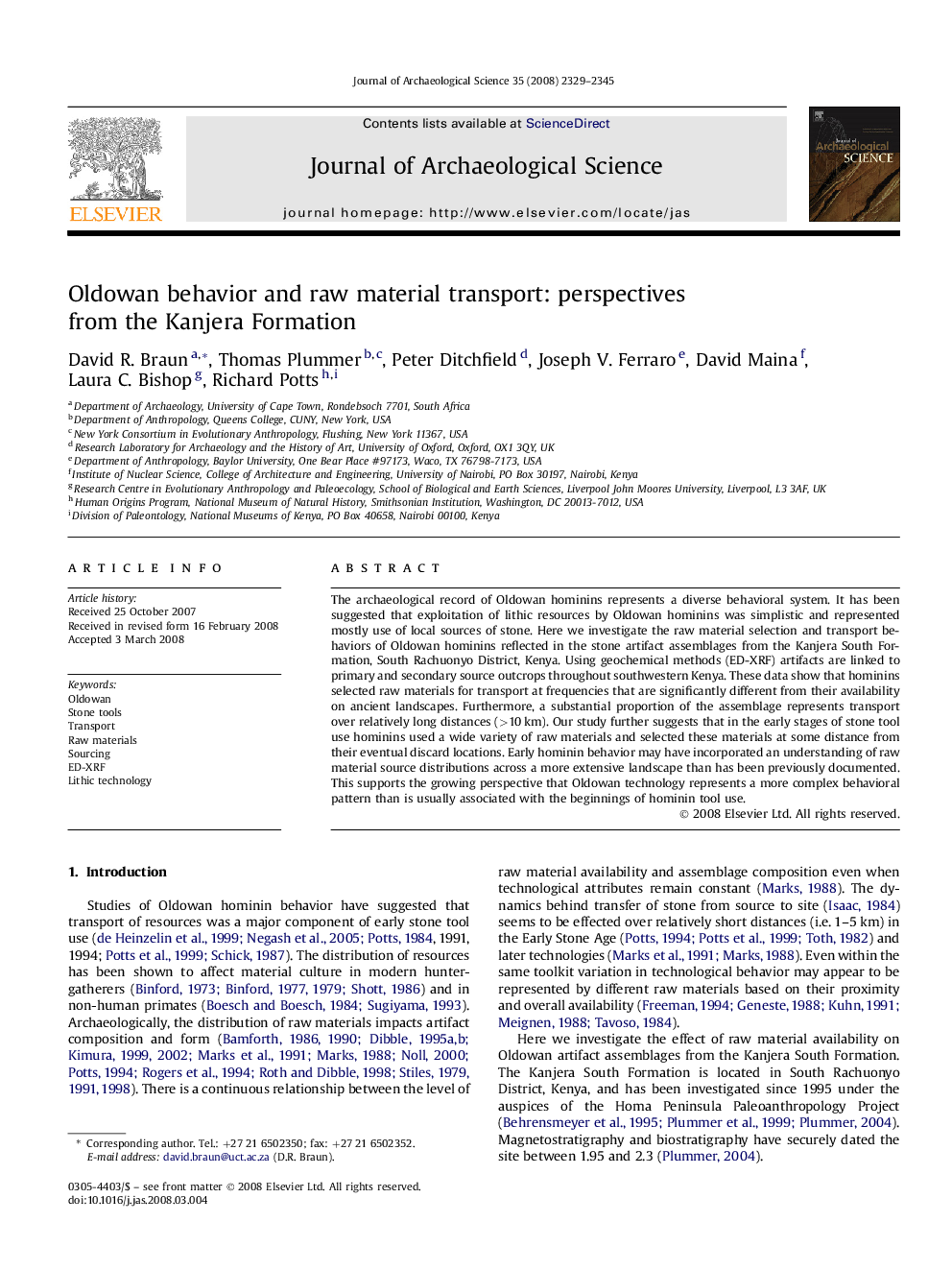 Oldowan behavior and raw material transport: perspectives from the Kanjera Formation