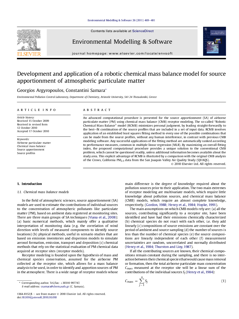 Development and application of a robotic chemical mass balance model for source apportionment of atmospheric particulate matter