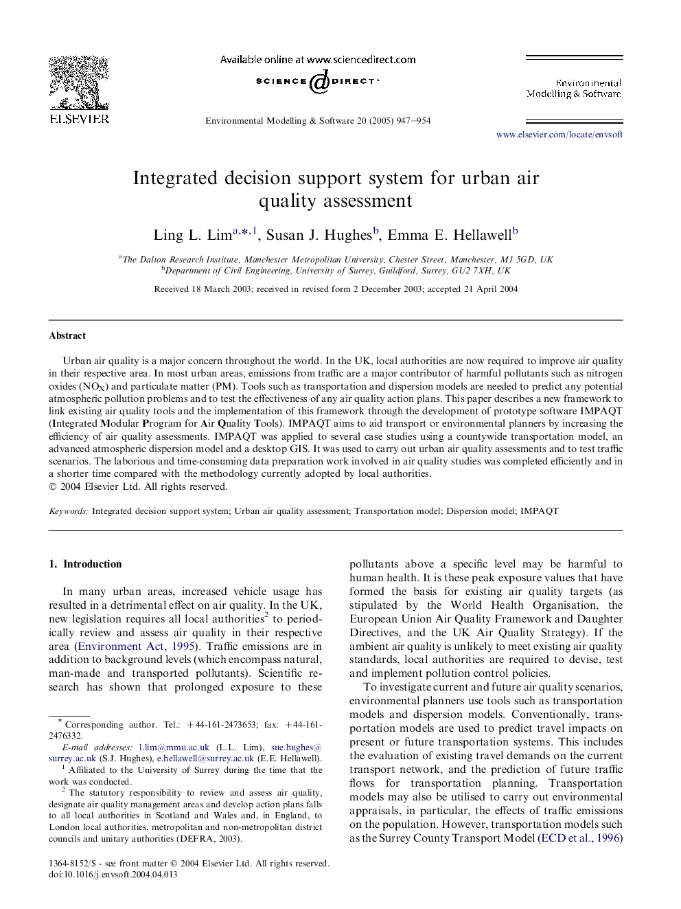 Integrated decision support system for urban air quality assessment