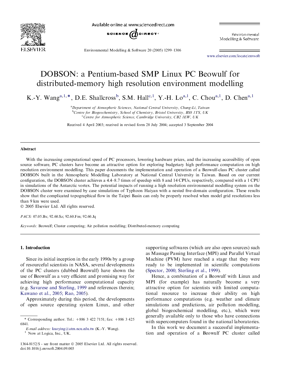 DOBSON: a Pentium-based SMP Linux PC Beowulf for distributed-memory high resolution environment modelling
