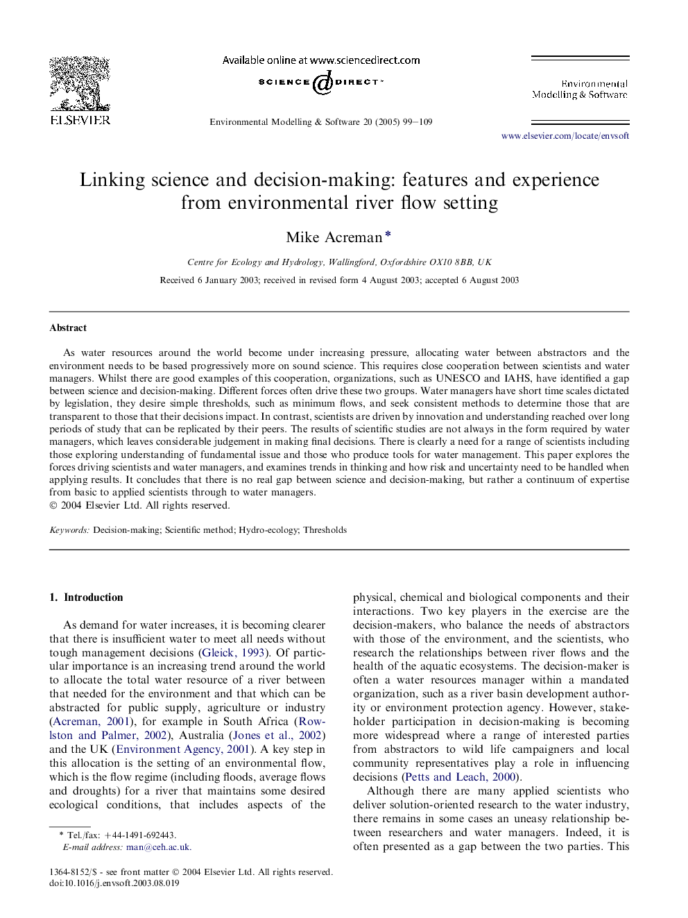 Linking science and decision-making: features and experience from environmental river flow setting