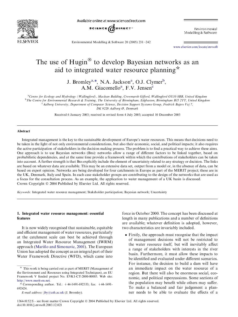 عکس صفحه اول مقاله: The use of Hugin® to develop Bayesian networks as an aid to integrated water resource planning The use of Hugin® to develop Bayesian networks as an aid to integrated water resource planning