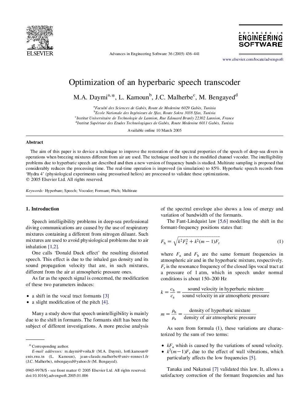 Optimization of an hyperbaric speech transcoder