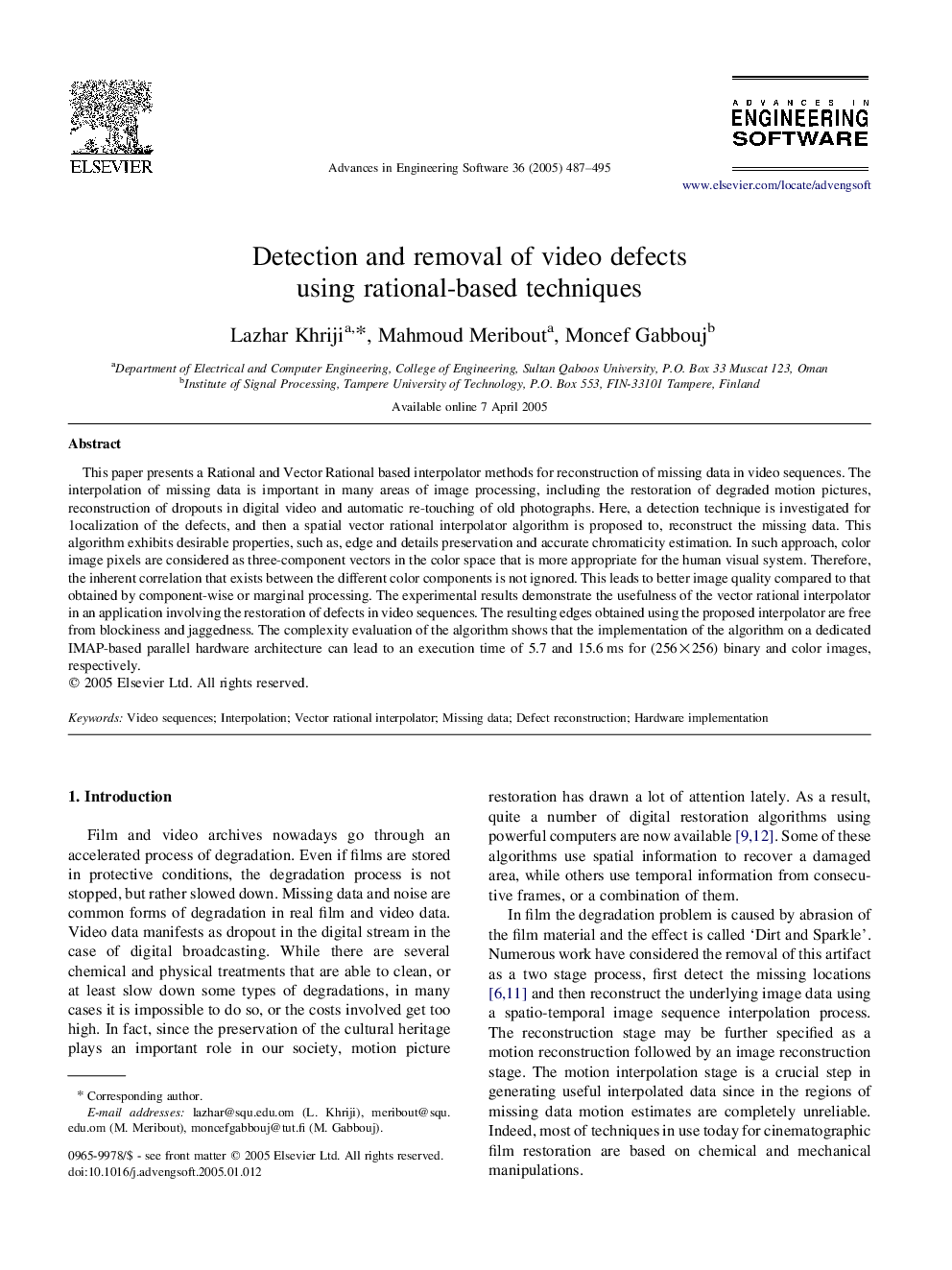Detection and removal of video defects using rational-based techniques
