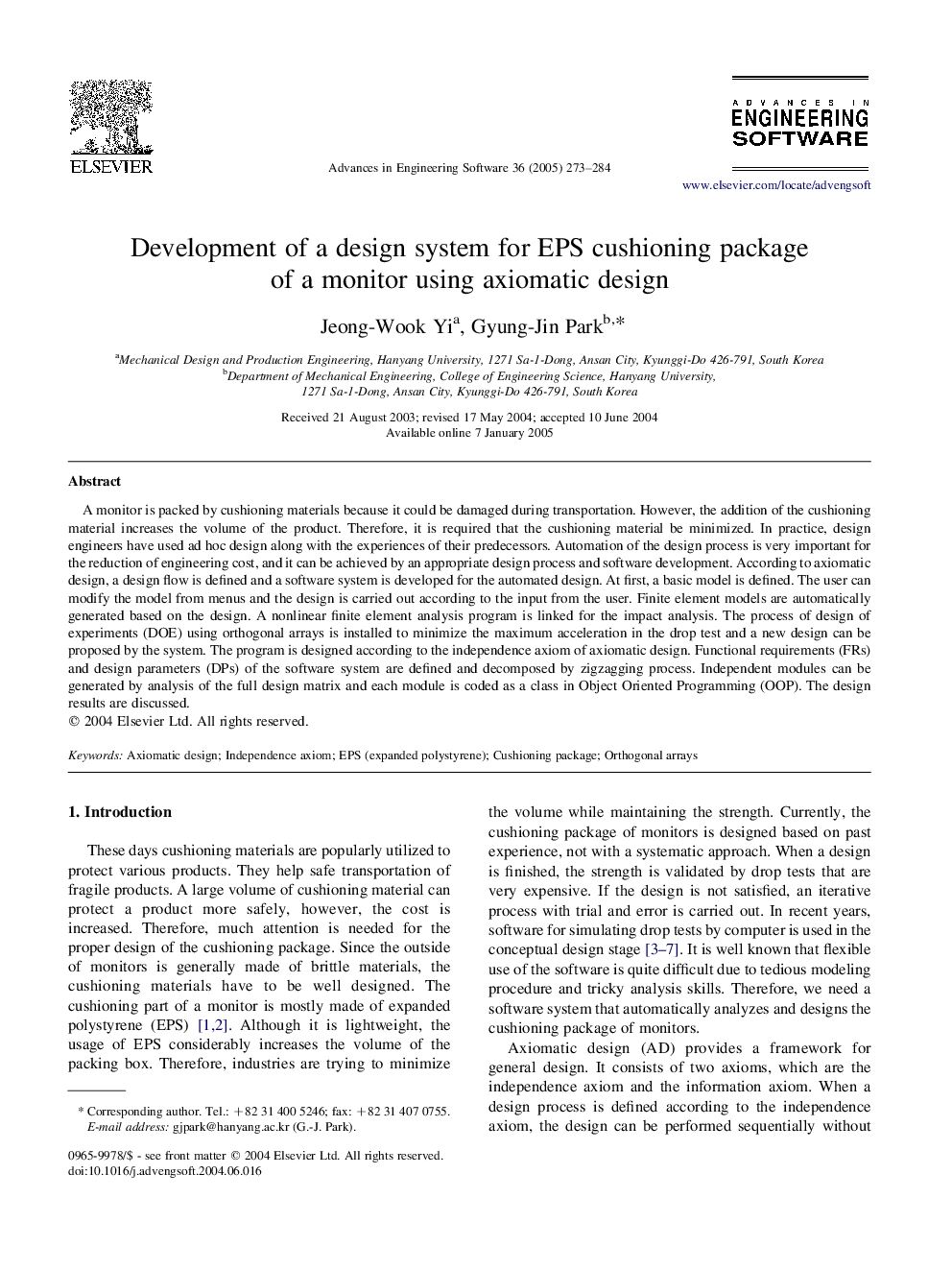 Development of a design system for EPS cushioning package of a monitor using axiomatic design