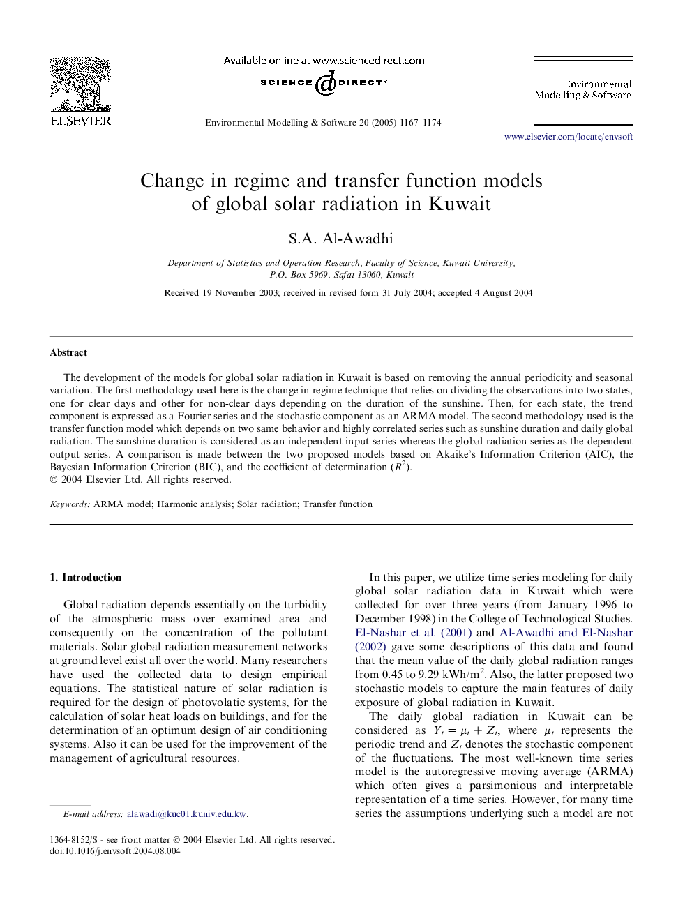 Change in regime and transfer function models of global solar radiation in Kuwait