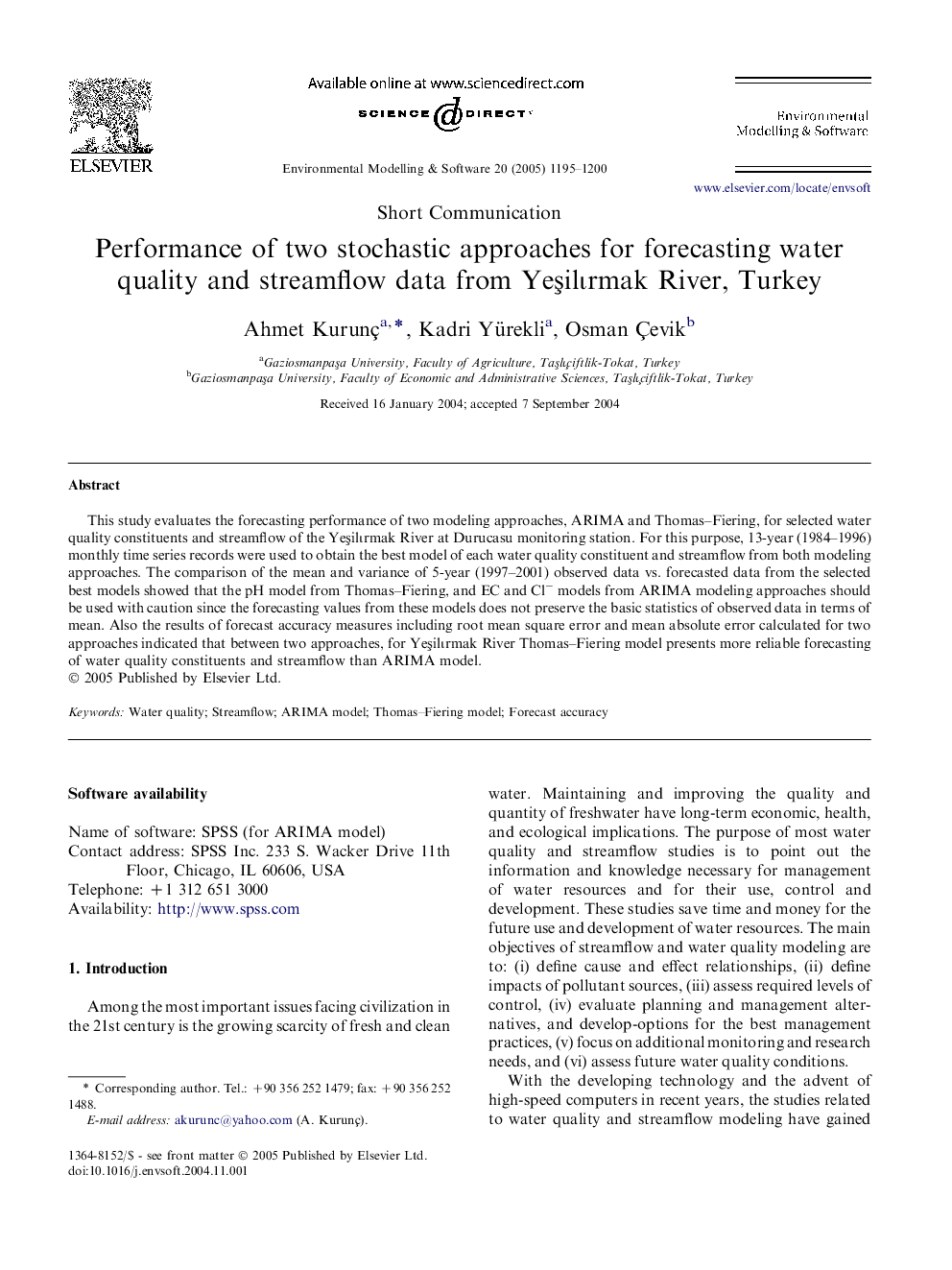 Performance of two stochastic approaches for forecasting water quality and streamflow data from YeÅilÎ¹rmak River, Turkey