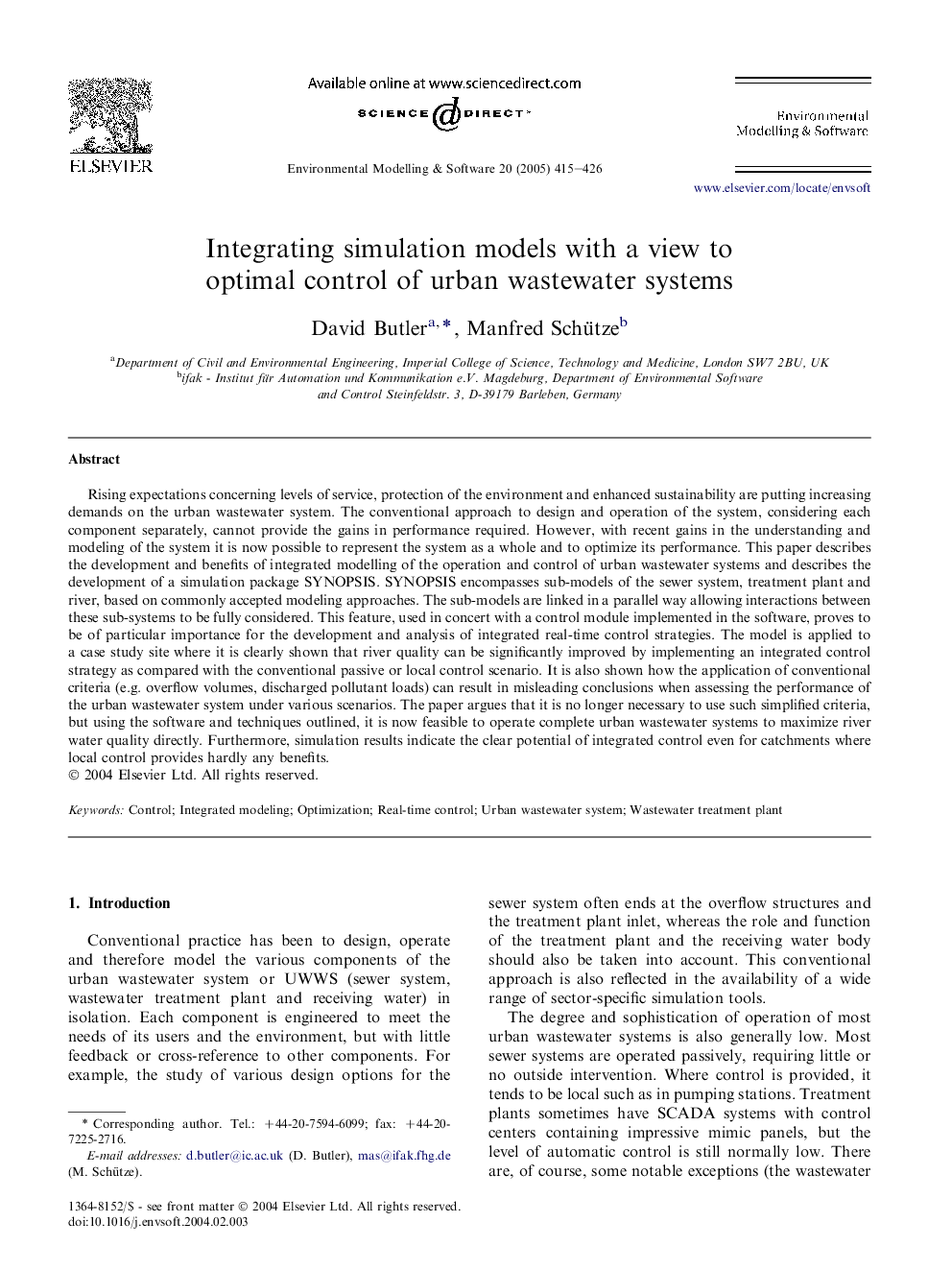 Integrating simulation models with a view to optimal control of urban wastewater systems