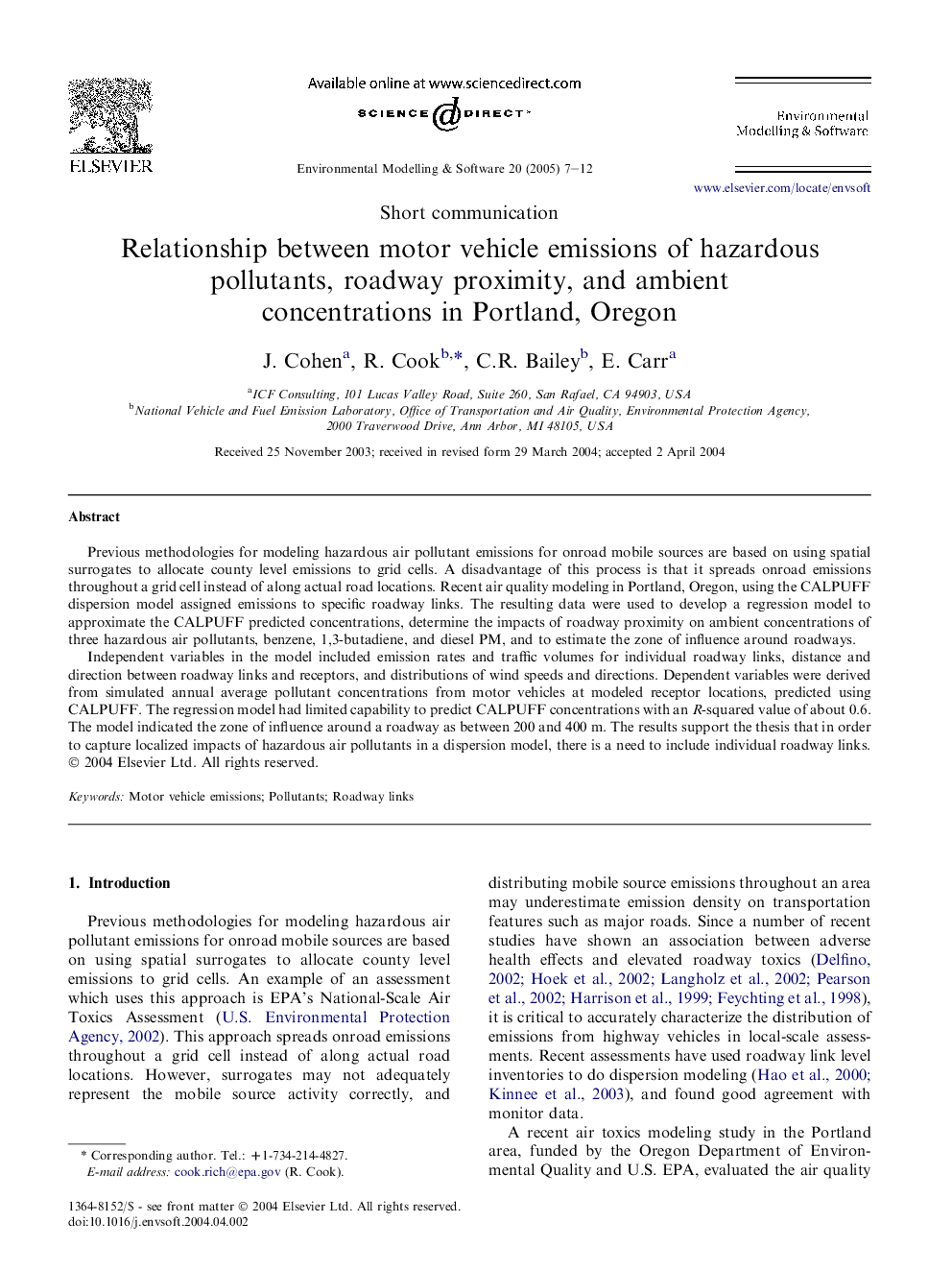 Relationship between motor vehicle emissions of hazardous pollutants, roadway proximity, and ambient concentrations in Portland, Oregon