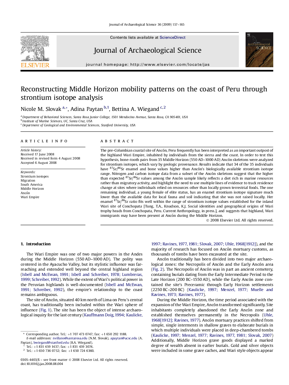 Reconstructing Middle Horizon mobility patterns on the coast of Peru through strontium isotope analysis