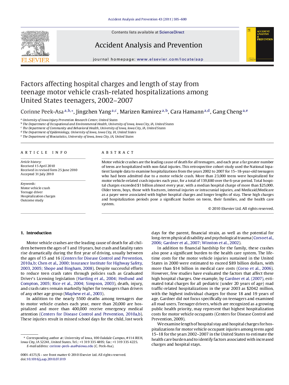 Factors affecting hospital charges and length of stay from teenage motor vehicle crash-related hospitalizations among United States teenagers, 2002-2007