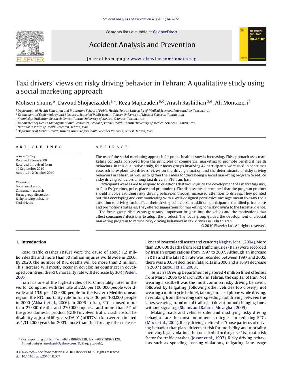 Taxi drivers' views on risky driving behavior in Tehran: A qualitative study using a social marketing approach