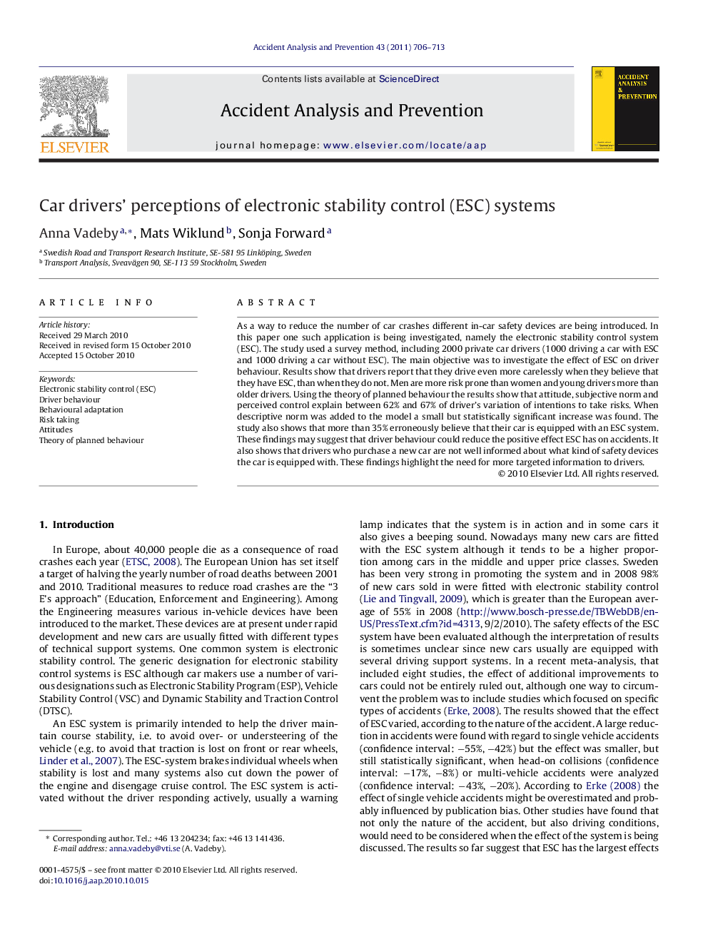 Car drivers' perceptions of electronic stability control (ESC) systems