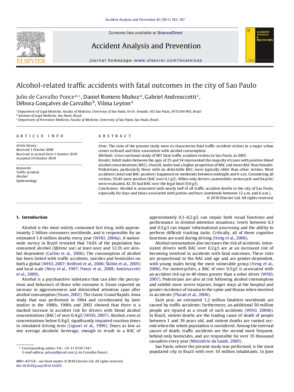 Alcohol-related traffic accidents with fatal outcomes in the city of Sao Paulo