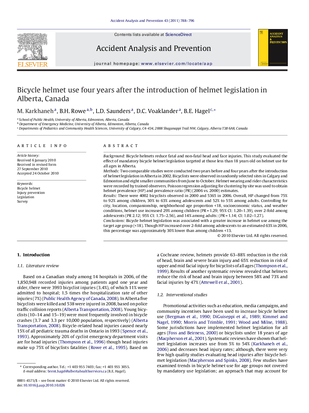 Bicycle helmet use four years after the introduction of helmet legislation in Alberta, Canada