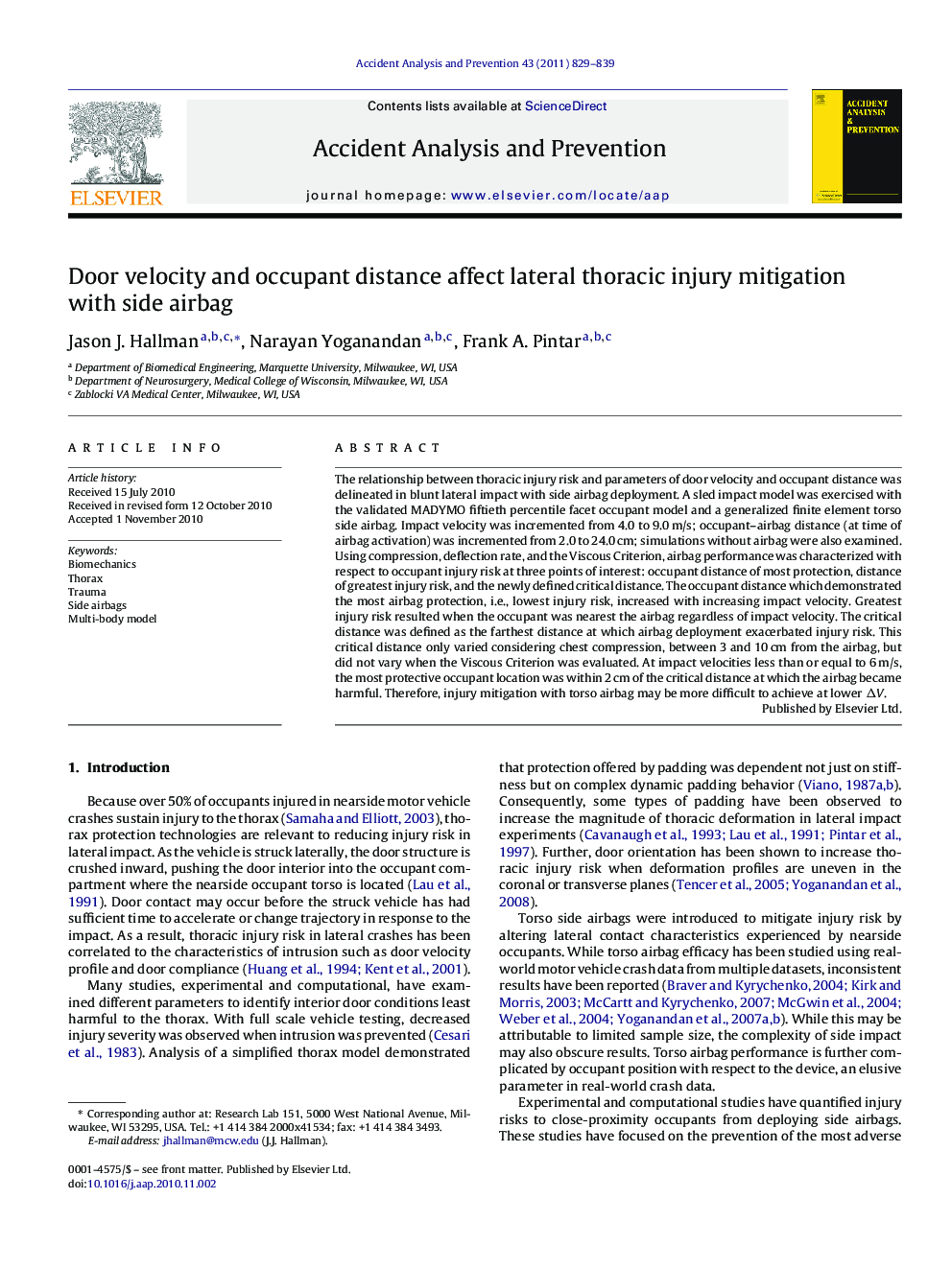 Door velocity and occupant distance affect lateral thoracic injury mitigation with side airbag