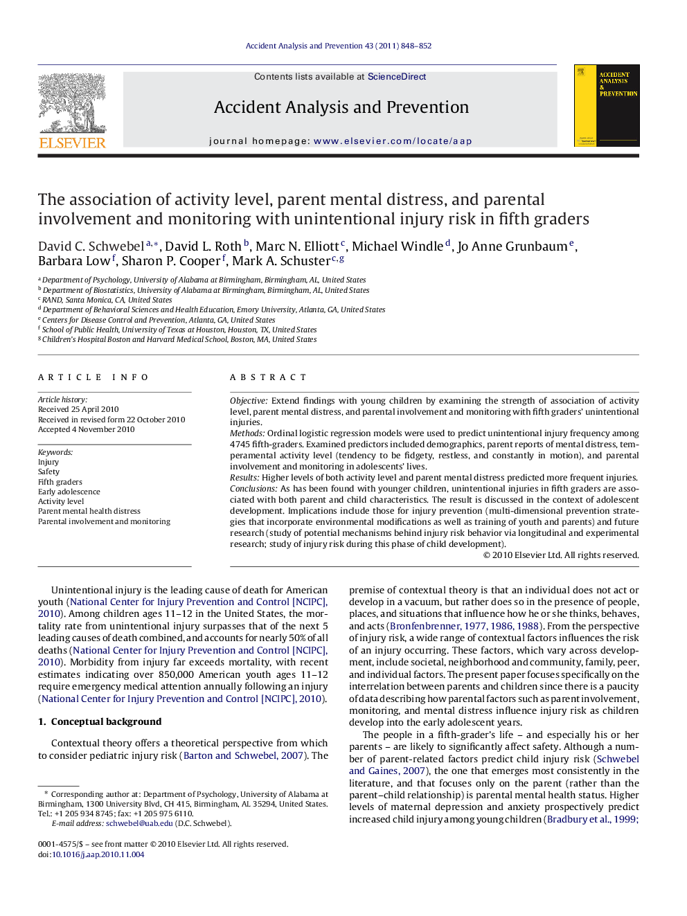 The association of activity level, parent mental distress, and parental involvement and monitoring with unintentional injury risk in fifth graders