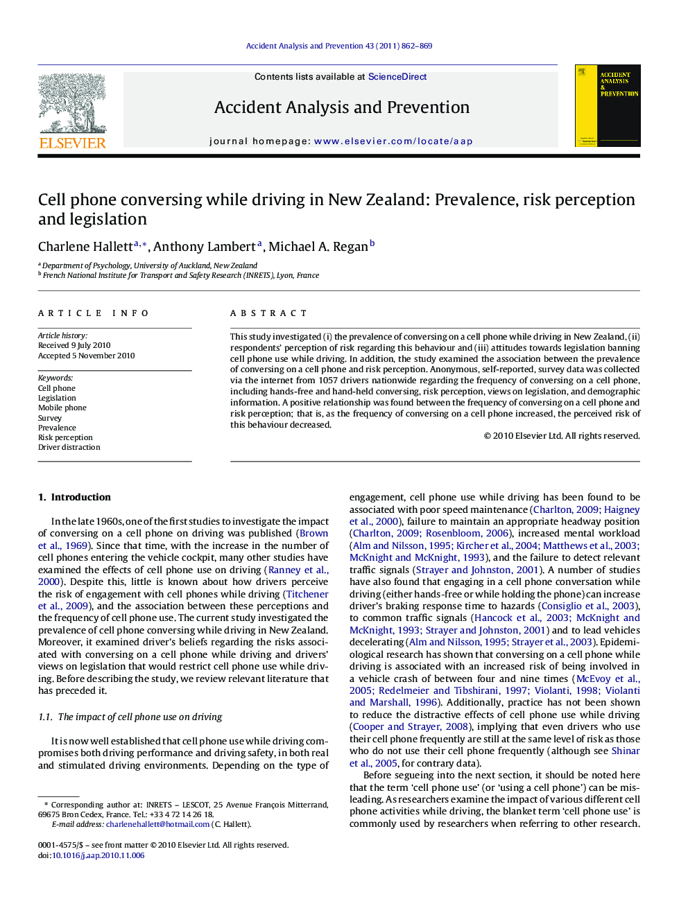 Cell phone conversing while driving in New Zealand: Prevalence, risk perception and legislation