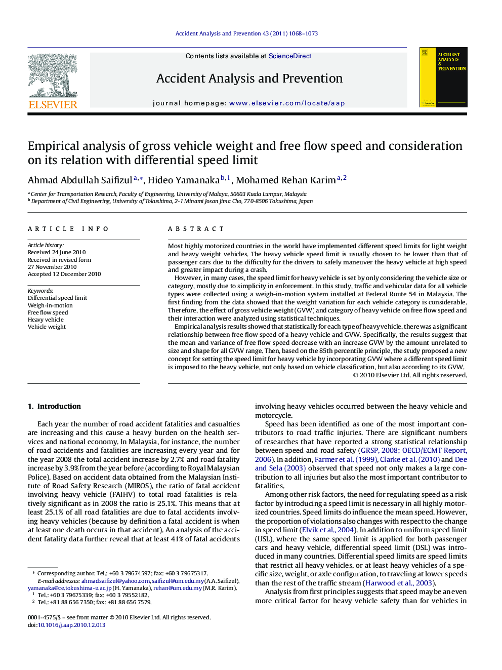 Empirical analysis of gross vehicle weight and free flow speed and consideration on its relation with differential speed limit