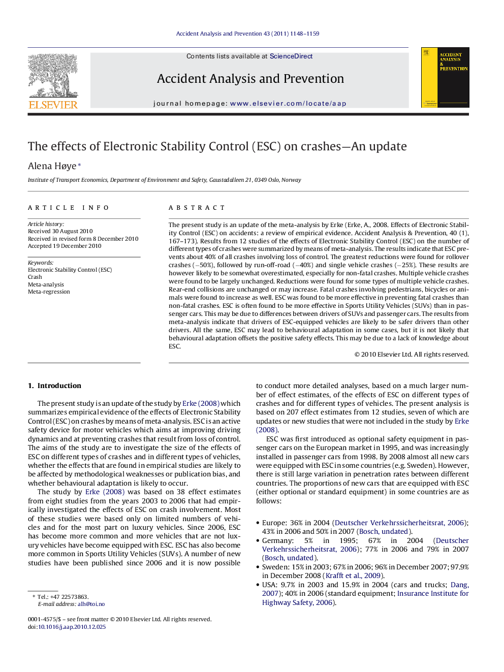 The effects of Electronic Stability Control (ESC) on crashes-An update