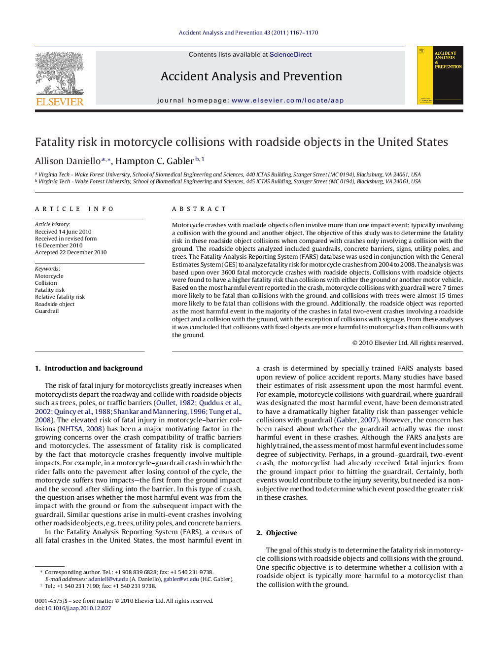 Fatality risk in motorcycle collisions with roadside objects in the United States