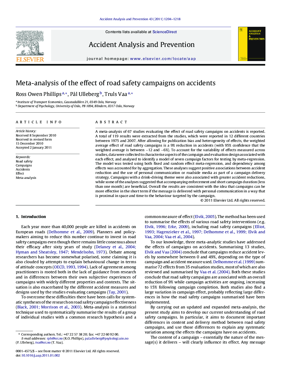 Meta-analysis of the effect of road safety campaigns on accidents