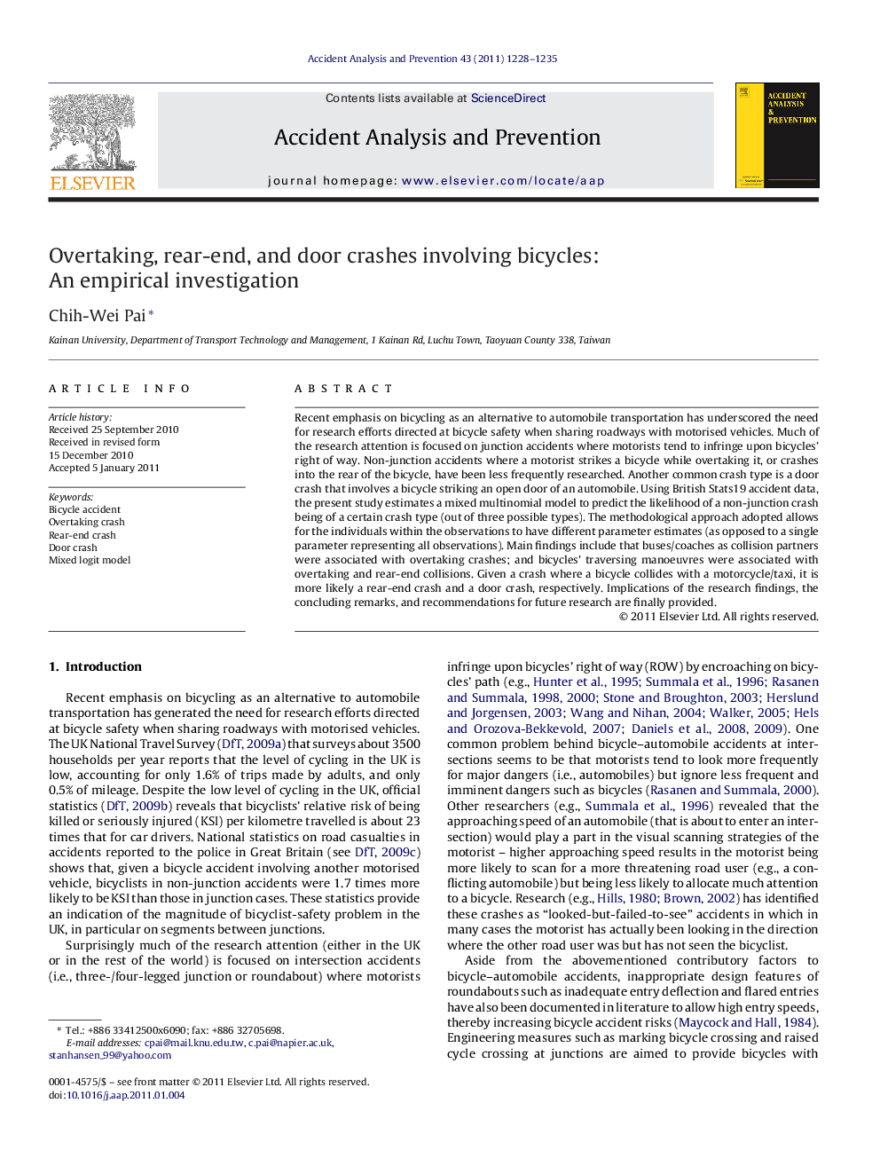 Overtaking, rear-end, and door crashes involving bicycles: An empirical investigation