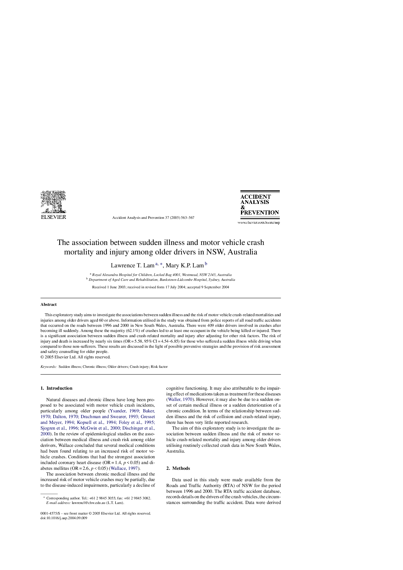 The association between sudden illness and motor vehicle crash mortality and injury among older drivers in NSW, Australia