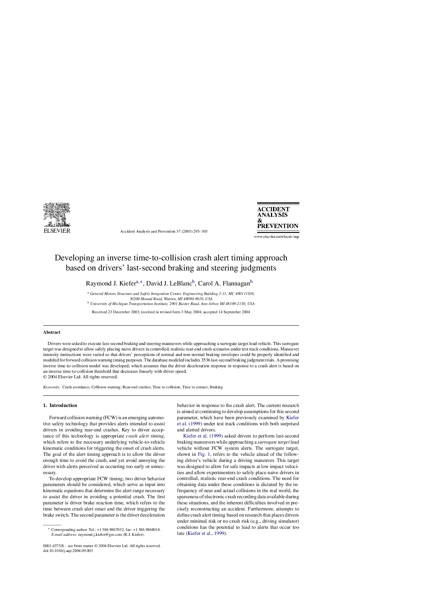 Developing an inverse time-to-collision crash alert timing approach based on drivers' last-second braking and steering judgments