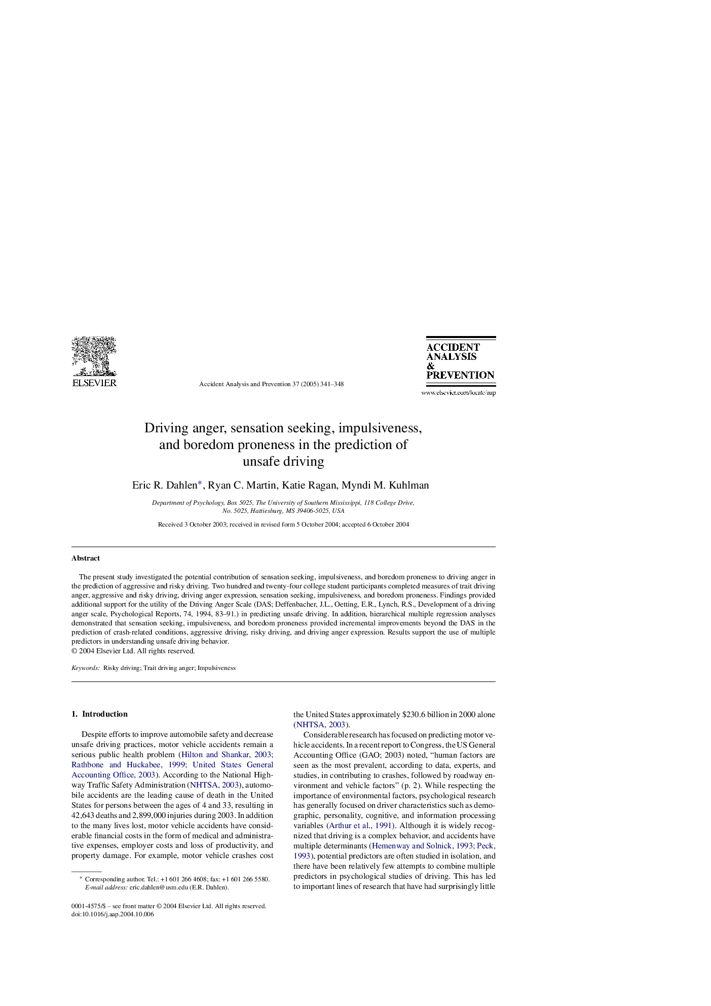 Driving anger, sensation seeking, impulsiveness, and boredom proneness in the prediction of unsafe driving