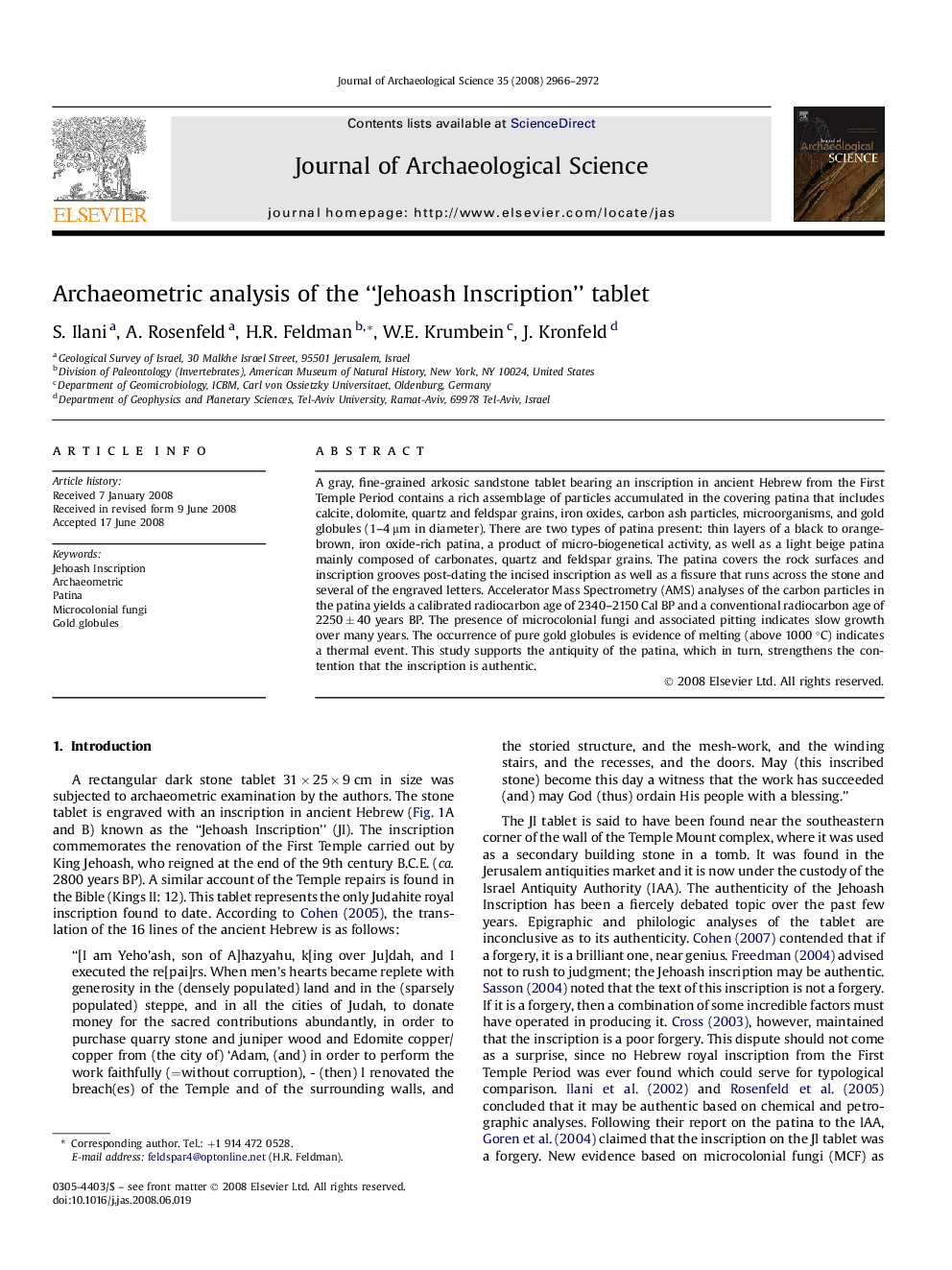 Archaeometric analysis of the “Jehoash Inscription” tablet