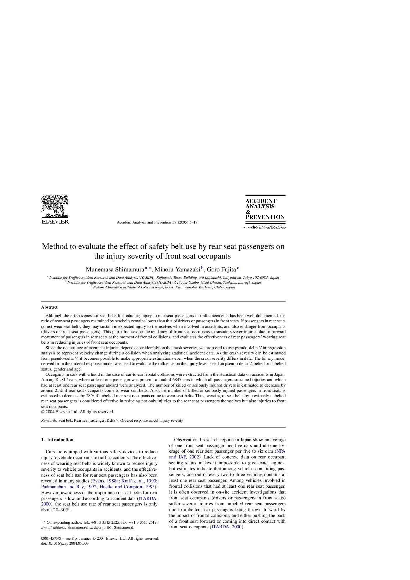 Method to evaluate the effect of safety belt use by rear seat passengers on the injury severity of front seat occupants