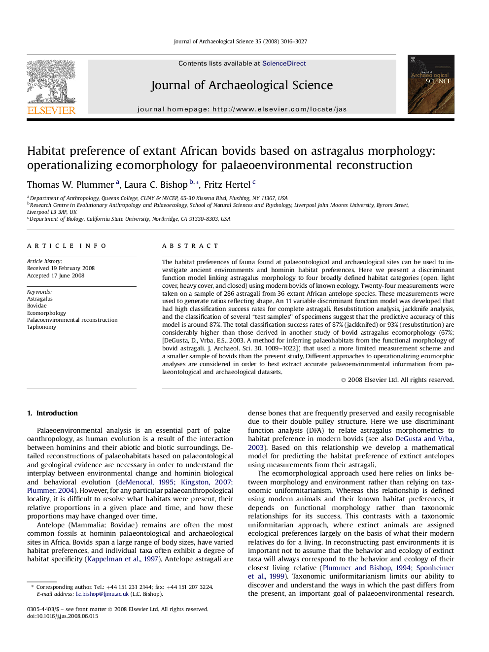 Habitat preference of extant African bovids based on astragalus morphology: operationalizing ecomorphology for palaeoenvironmental reconstruction