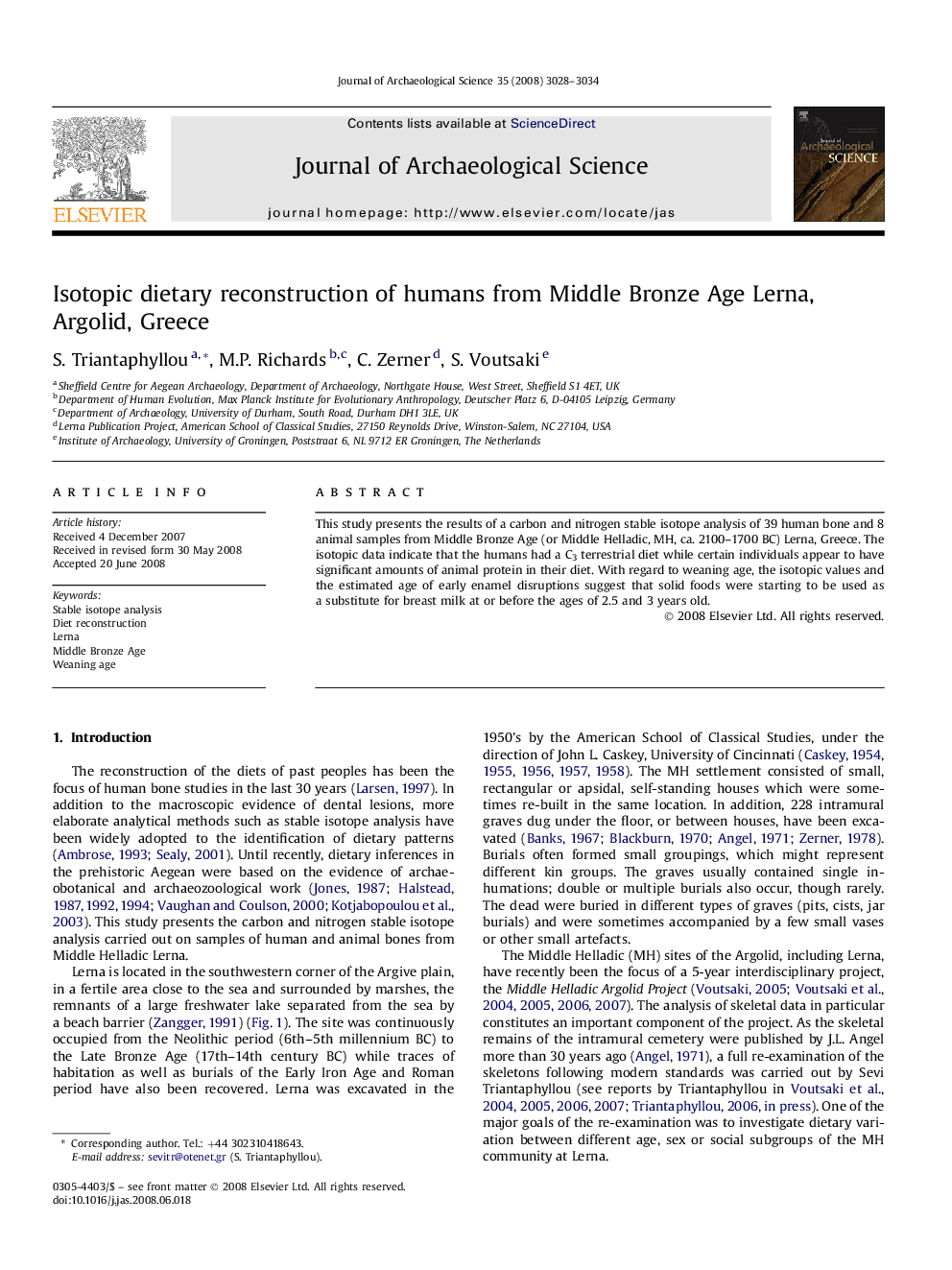 Isotopic dietary reconstruction of humans from Middle Bronze Age Lerna, Argolid, Greece