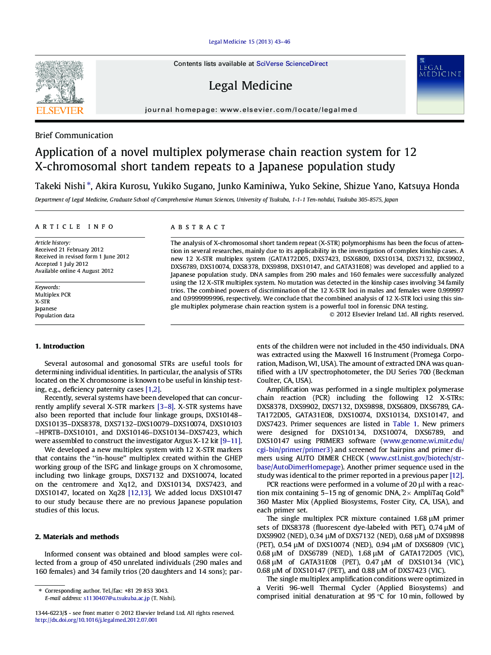 Application of a novel multiplex polymerase chain reaction system for 12 X-chromosomal short tandem repeats to a Japanese population study