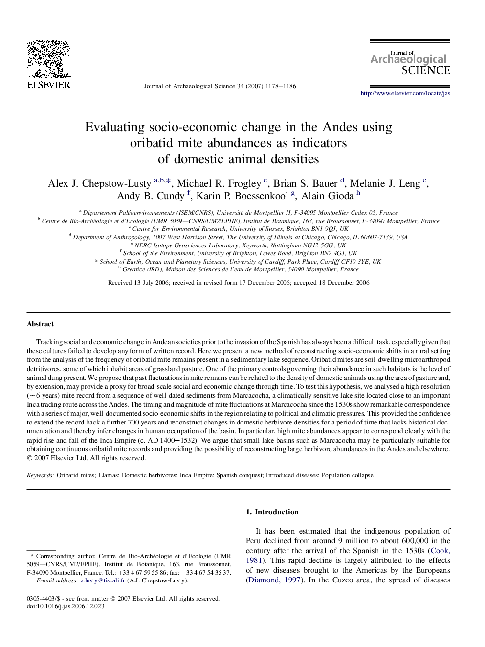 Evaluating socio-economic change in the Andes using oribatid mite abundances as indicators of domestic animal densities