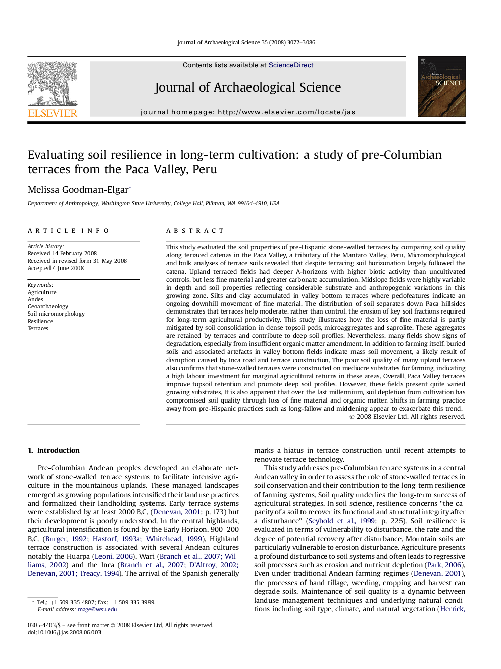 Evaluating soil resilience in long-term cultivation: a study of pre-Columbian terraces from the Paca Valley, Peru