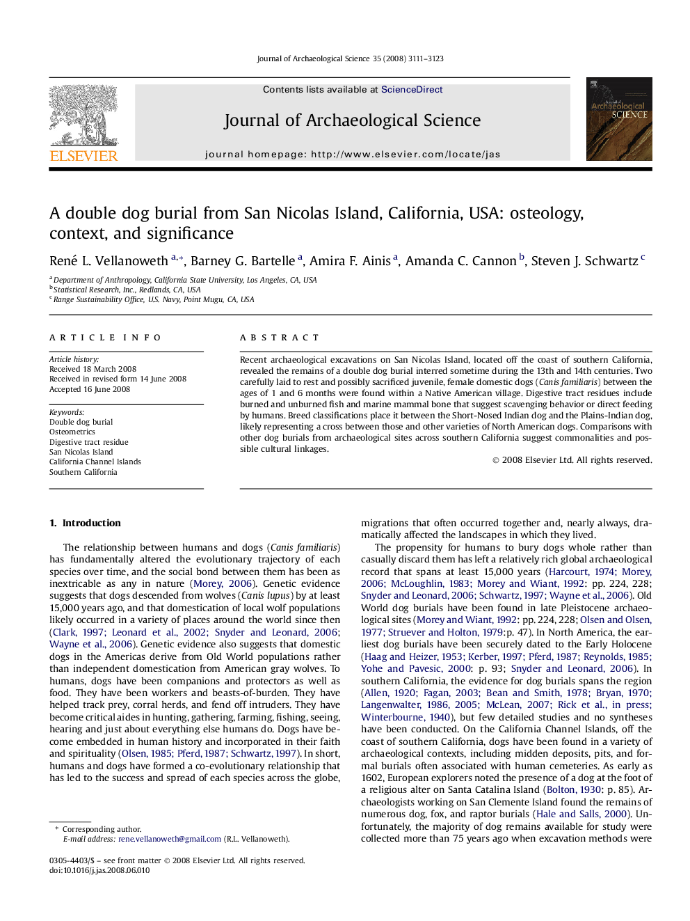 A double dog burial from San Nicolas Island, California, USA: osteology, context, and significance